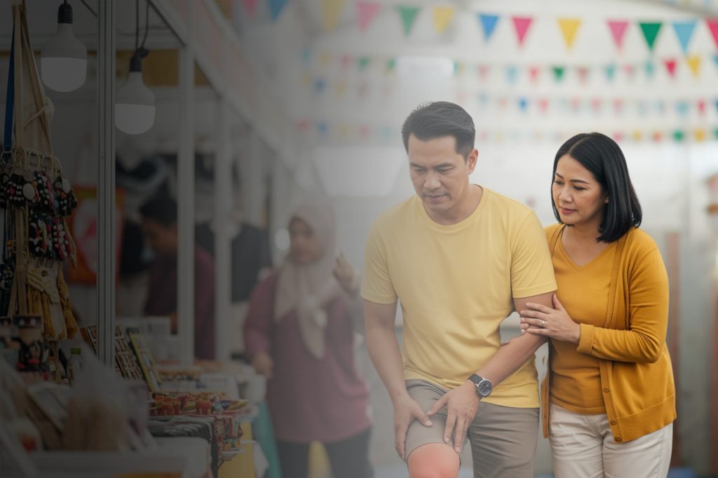 (Ilustrasi mengalami nyeri sendi saat di jakarta fair, Sumber: AI Google Gemini)