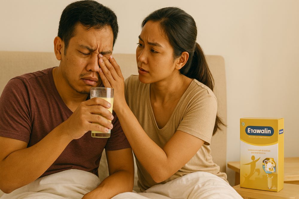 Ilustrasi Istri Membantu Suami Minum Susu Etawalin