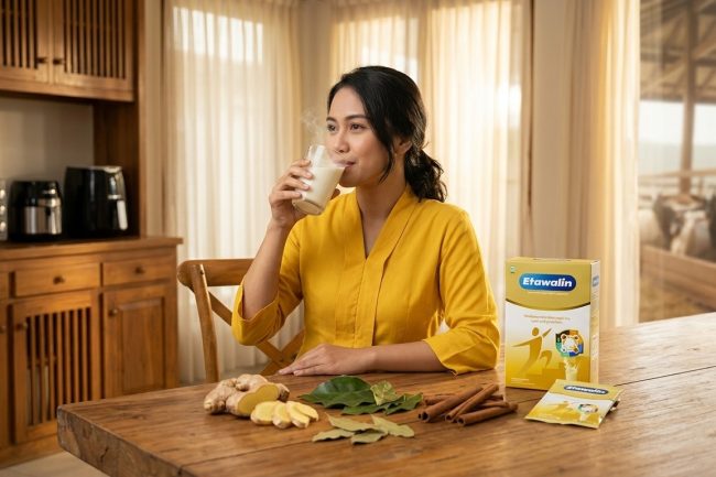 (Ilustrasi seseorang mengonsumsi susu kambing Etawalin, Sumber: AI Google Gemini)