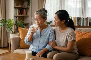 (Ilustrasi lansia mengonsumsi susu kambing, Sumber: AI Google Gemini)